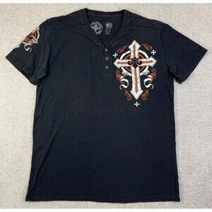 Affliction Henley T-Shirt Men’s 2XL Black Short Sleeve Cross Cotton